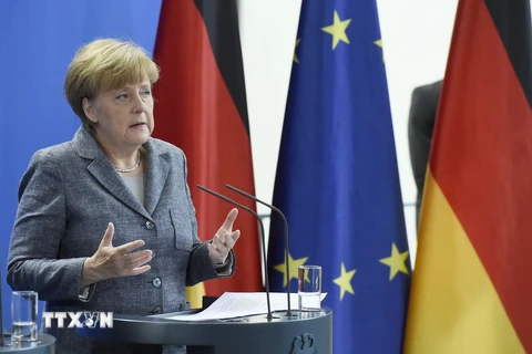 Thủ tướng Đức Angela Merkel tại cuộc họp báo về tình hình người tị nạn và di cư tại Berlin ngày 7/9. (Ảnh: AFP/TTXVN)