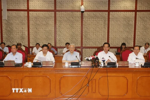 Tổng Bí thư Nguyễn Phú Trọng phát biểu kết luận buổi làm việc. (Ảnh: Trí Dũng/TTXVN)