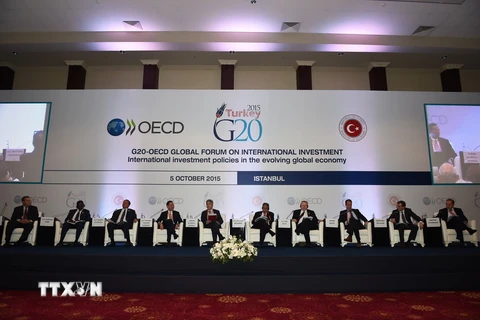Các đại biểu thảo luận tại diễn đàn toàn cầu Nhóm các nền kinh tế phát triển và mới nổi G20 cùng OECD. (Ảnh: THX/TTXVN)