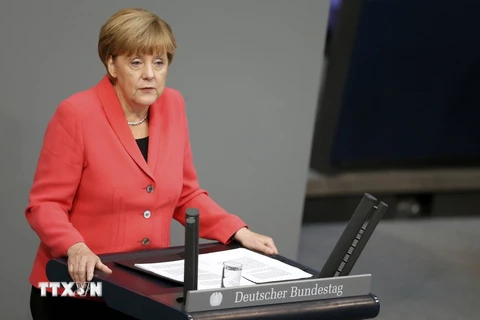 Thủ tướng Đức Angela Merkel phát biểu trong cuộc thảo luận về khủng hoảng người di cư tại Quốc hội Đức ở Berlin ngày 24/9 vừa qua. (Ảnh: AFP/TTXVN)