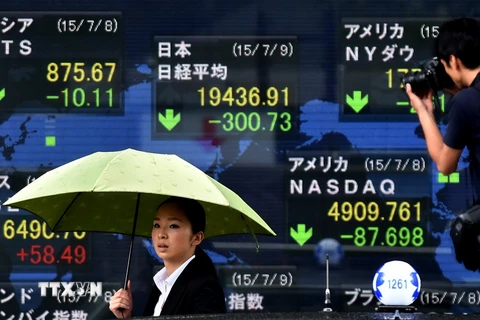Bảng tỷ giá chứng khoán của một phiên giao dịch tại một sàn giao dịch ở Tokyo. (Ảnh: AFP/TTXVN)