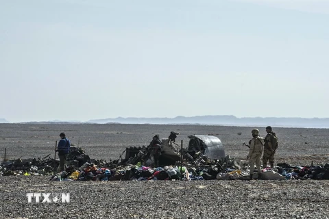 Mảnh vỡ máy bay Nga tại Wadi al-Zolomat, bán đảo Sinai, Ai Cập ngày 1/11. (Ảnh: AFP/TTXVN)