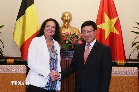 Phó Thủ tướng, Bộ trưởng Ngoại giao Phạm Bình Minh tiếp Chủ tịch Thượng viện Vương quốc Bỉ Christine Defraigne nhân chuyến thăm chính thức Việt Nam. (Ảnh: Thống Nhất/TTXVN)