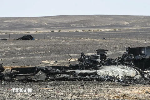 Mảnh vỡ máy bay A321 tại hiện trường sự cố ở Wadi al-Zolomat, Ai Cập ngày 1/11 vừa qua. (Ảnh: AFP/TTXVN)