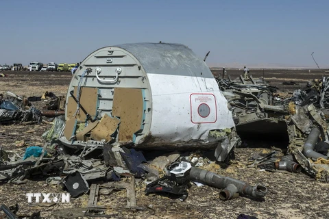Mảnh vỡ máy bay Nga A321 tại hiện trường vụ rơi ở Wadi al-Zolomat, bán đảo Sinai, Ai Cập ngày 1/11 vừa qua. (Ảnh: AFP/TTXVN)