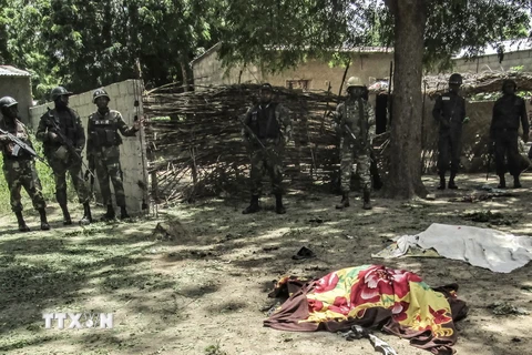 Lực lượng an ninh Cameroon gác tại hiện trường vụ đánh bom ở thị trấn Kolofata, miền bắc Cameroon, giáp giới với Nigeria ngày 13/9. (Ảnh: AFP/TTXVN)