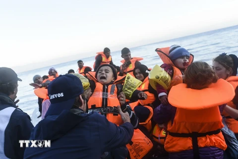 Người di cư tới đảo Lesbos, Hy Lạp sau hành trình vượt biển Aegean từ Thổ Nhĩ Kỳ ngày 14/11 vừa qua. (Ảnh: AFP/TTXVN)