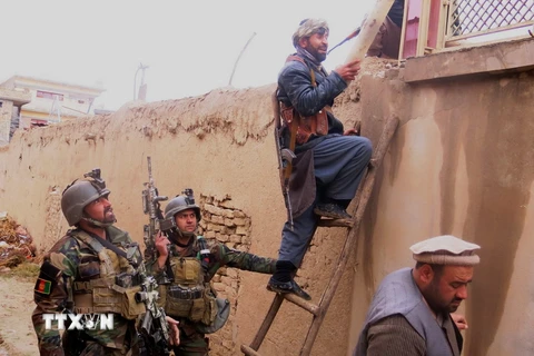 Lực lượng an ninh Afghanistan trong chiến dịch tấn công các tay súng gần lãnh sự quán Ấn Độ ở Mazar-i-Sharif. (Ảnh: THX/TTXVN)