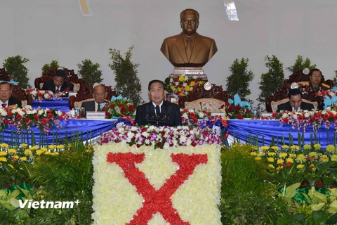 Tổng Bí thư Lào Choummaly Sayasone phát biểu tại Lễ khai mạc Đại hội đại biểu toàn quốc lần thứ X của Đảng Nhân dân Cách mạng Lào. (Ảnh: Phạm Kiên/Vietnam+)