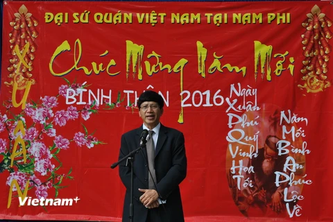 Đại sứ Việt Nam tại Nam Phi Lê Huy Hoàng phát biểu tại buổi gặp mặt. (Ảnh: Mạnh Hùng/Vietnam+)
