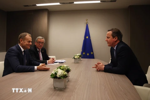 Chủ tịch Hội đồng châu Âu Donald Tusk, Chủ tịch Ủy ban châu Âu Jean-Claude Juncker và Thủ tướng Anh David Cameron (phải) tại cuộc gặp ở Brussels. (Ảnh: AFP/TTXVN)