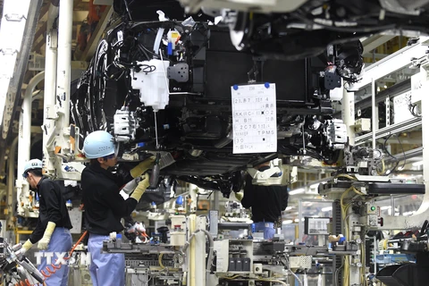 Công nhân hãng Toyota làm việc tại dây chuyền lắp ráp xe ôtô Lexus NX ở nhà máy Miyata thuộc Miyawaka, tỉnh Fukuoka. (Ảnh: AFP/TTXVN)