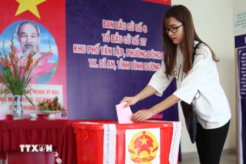 Sinh viên Đại học Quốc Gia TP Hồ Chí Minh tham gia bỏ phiếu tại điểm bầu cử số 27, khu phồ Tân Lập, phường Đông Hòa, thị xã Dĩ An, tỉnh Bình Dương. (Ảnh: TTXVN)