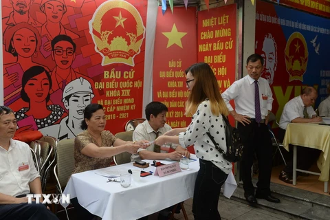 Cử tri Việt Nam nhận phiếu bầu tại một điểm bầu cử ở thủ đô Hà Nội ngày 22/5. (Ảnh: AFP/TTXVN) 