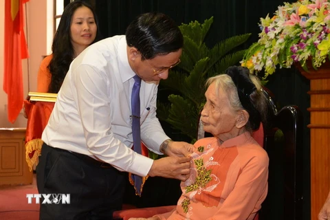 Chủ tịch UBND tỉnh Hà Tĩnh Lê Đình Sơn trao tặng danh hiệu Bà Mẹ Việt Nam Anh hùng cho Mẹ Nguyễn Thị Út. (Ảnh: Hoàng Ngà/TTXVN)