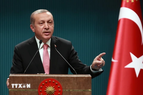 Tổng thống Thổ Nhĩ Kỳ Tayyip Erdogan phát biểu tại cuộc họp báo ở Ankara ngày 20/7 vừa qua. (Ảnh: AFP/TTXVN)