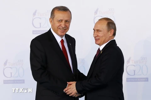 Tổng thống Thổ Nhĩ Kỳ Recep Tayyip Erdogan (trái) trong cuộc gặp với Tổng thống Nga Vladimir Putin tại Ankara ngày 15/11/2015. (Ảnh: AFP/TTXVN)