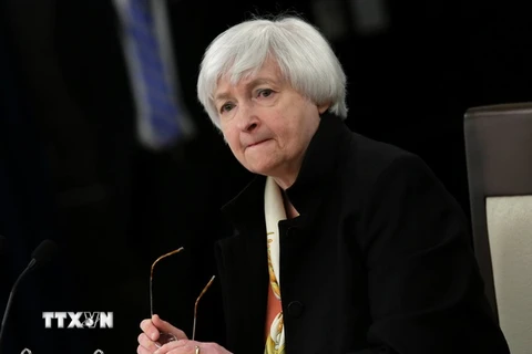 Chủ tịch Fed Janet Yellen trong cuộc họp báo sau phiên họp của Ủy ban Thị trường mở liên bang ngày 15/6 vừa qua. (Ảnh: AFP/TTXVN)