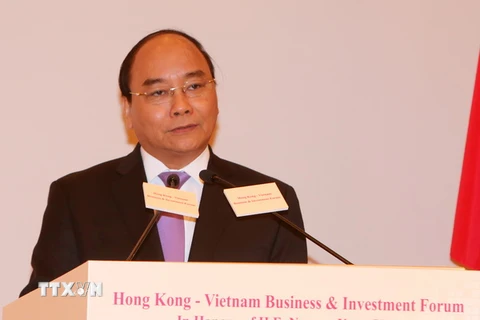 Thủ tướng Nguyễn Xuân Phúc phát biểu tại Diễn đàn Kinh doanh và Đầu tư Việt Nam-Hong Kong. (Ảnh: Thống Nhất/TTXVN)