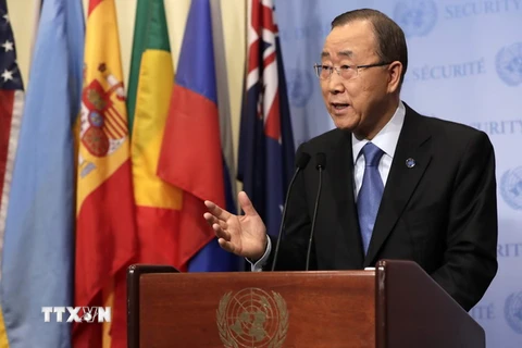 Tổng thư ký Tổng Thư ký Ban Ki-moon phát biểu tại cuộc họp báo tại trụ sở LHQ ở New York ngày 9/9 vừa qua. (Ảnh: EPA/TTXVN)