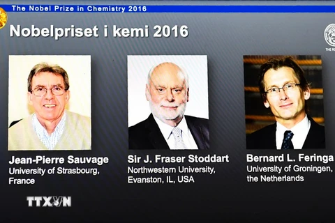 Ba nhà khoa học giành giải Nobel Hóa học 2016: Jean-Pierre Sauvage, J Fraser Stoddart and Bernard L Feringa. (Nguồn: AFP/TTXVN)