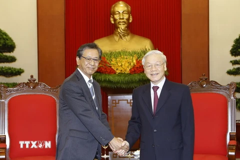 Tổng Bí thư Nguyễn Phú Trọng tiếp Đại sứ Nhật Bản tại Việt Nam Hiroshi Fukada đến chào từ biệt kết thúc nhiệm kỳ công tác tại Việt Nam. (Ảnh: Doãn Tấn/TTXVN )
