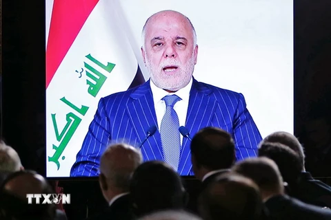 Thủ tướng Iraq Haider al-Abadi phát biểu trực tuyến tại hội nghị quốc tế về tương lai của Mosul ở Paris, Pháp ngày 20/10. (Ảnh: AFP/TTXVN)