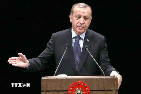 Tổng thống Thổ Nhĩ Kỳ Tayyip Erdogan phát biểu tại một sự kiện ở Ankara ngày 24/11 vừa qua. (Ảnh: AFP/TTXVN)