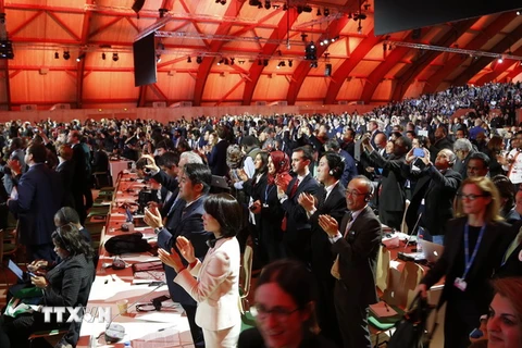 Các đại biểu hoan nghênh quyết định thông qua Thỏa thuận Paris 2015 về chống biến đổi khí hậu tại Le Bourget ngày 12/12 vừa qua. (Ảnh: AFP/TTXVN)