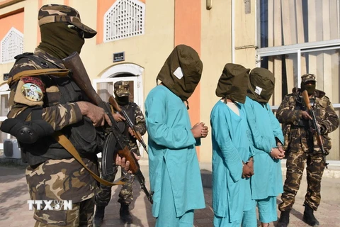 Lực lượng an ninh Afghanistan bắt giữ các tay súng Taliban trong chiến dịch truy quét khủng bố ở Jalalabad ngày 20/12. (Ảnh: EPA/TTXVN)
