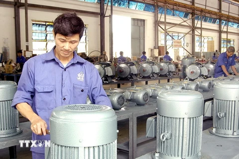 Sản xuất động cơ điện tại Công ty cổ phần chế tạo điện cơ Hà Nội. (Ảnh: Minh Đông/TTXVN)