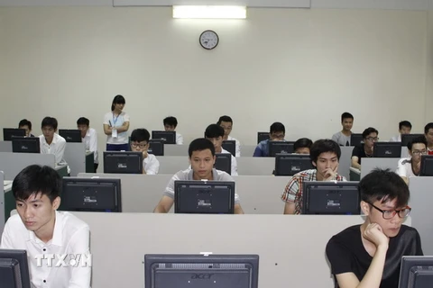 Thí sinh làm bài thi đánh giá năng lực trực tiếp trên máy tính. (Ảnh: Quý Trung/TTXVN)