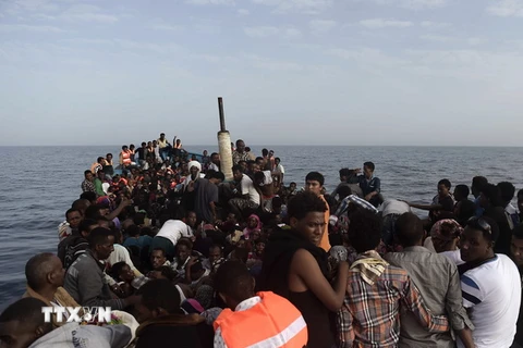 Người di cư chờ được cứu trên Địa Trung Hải ở ngoài khơi Libya ngày 4/10/2016. (Ảnh: AFP/TTXVN)