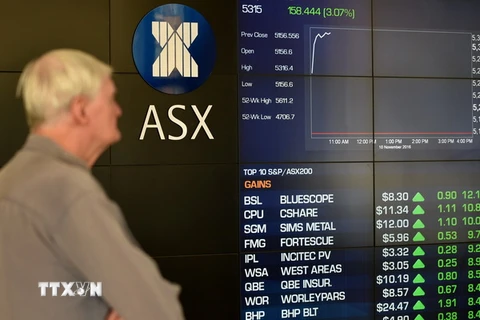 Bảng tỷ giá chứng khoán tại một phiên giao dịch ở Sydney, Australia. (Ảnh: AFP/TTXVN)