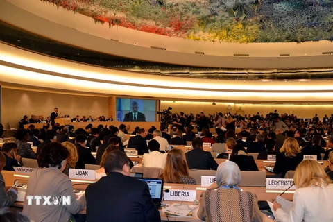 Một phiên họp của Hội đồng Nhân quyền Liên hợp quốc tại Geneva. (Ảnh: Tố Uyên/TTXVN)
