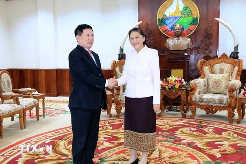 Chủ tịch Quốc hội Lào Pany Yathotou thân mật tiếp đoàn. (Ảnh: Phạm Kiên/TTXVN)