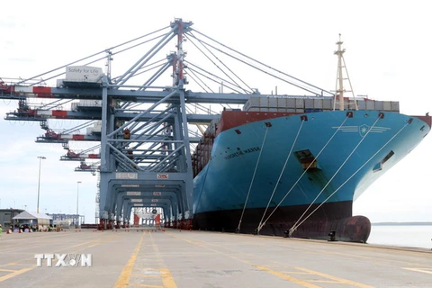 Tàu container "siêu khủng" Margrethe Maersk cập cảng CMIT thành công. (Ảnh: Đoàn Mạnh Dương/TTXVN)