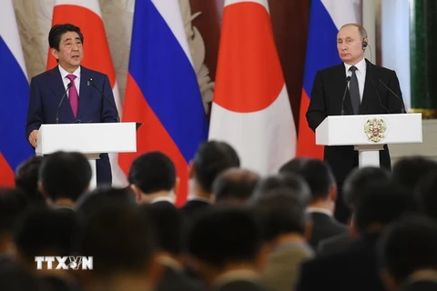 Tổng thống Nga Vladimir Putin (phải) và Thủ tướng Nhật Bản Shinzo Abe (trái) tại cuộc họp báo ở Moskva ngày 27/4. (Ảnh: AFP/TTXVN)