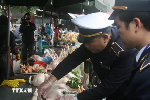 Đóng dấu kiểm dịch vệ sinh an toàn thực phẩm trên gia cầm tại chợ Giếng Vuông, thành phố Lạng Sơn. (Ảnh: Thắng Trung/TTXVN)