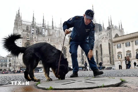 Cảnh sát Italy đưa chó nghiệp vụ đi kiểm tra an ninh. (Ảnh: EPA/TTXVN)