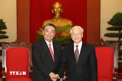 Tổng Bí thư Nguyễn Phú Trọng tiếp Chủ tịch Hạ viện Nhật Bản Oshima Tadamori đang thăm chính thức Việt Nam. (Ảnh: Trí Dũng/TTXVN)