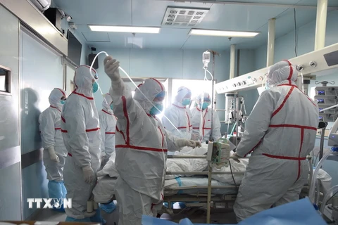 Nhân viên y tế điều trị cho bệnh nhân bị nhiễm virus cúm gia cầm H7N9 tại bệnh viện. (Ảnh: EPA/TTXVN)
