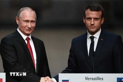 Tổng thống Nga Vladimir Putin (trái) và người đồng cấp Pháp Emmanuel Macron (phải) tại cuộc họp báo ở cung điện Versailles, ngoại ô Paris ngày 29/5. (Ảnh: AFP/TTXVN)
