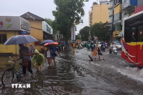 Mưa lớn gây ngập trên phố Nguyễn Thái Học, quận Ba Đình, Hà Nội. (Ảnh: Trọng Đạt/TTXVN)