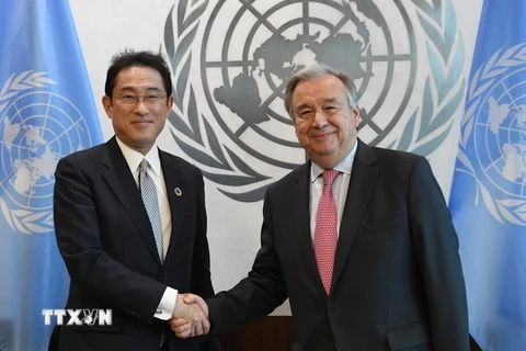 Ngoại trưởng Nhật Bản Fumio Kishida (trái) và Tổng thư ký Liên hợp quốc Antonio Guterres (phải). (Ảnh: AFP/TTXVN)