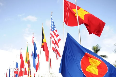 Kéo cờ ASEAN và các nước. (Ảnh: AFP/TTXVN)