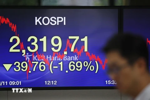 Bảng tỉ giá chứng khoán tại Ngân hàng Hana, Seoul, Hàn Quốc ngày 11/8. (Ảnh: EPA/TTXVN)