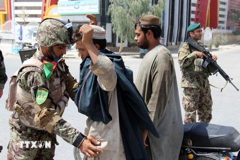 Binh sỹ Afghanistan kiểm tra tại một chốt kiểm soát an ninh ở Kandahar, Afghanistan ngày 19/8 vừa qua. (Ảnh: EPA/TTXN)