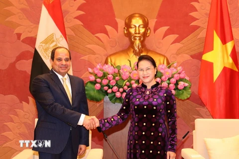 Chủ tịch Quốc hội Nguyễn Thị Kim Ngân hội kiến Tổng thống Cộng hòa Arab Ai Cập Abdel Fattah el-Sisi đang thăm cấp Nhà nước tới Việt Nam. (Ảnh: Trọng Đức/TTXVN)