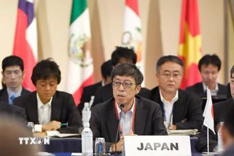 Trưởng đoàn đàm phán Nhật Bản Kazuyoshi Umemoto (giữa) phát biểu tại Hội nghị. (Ảnh: Kyodo/TTXVN)